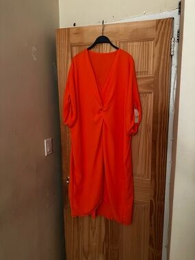 Bright Orange V-Neck Midi Dress